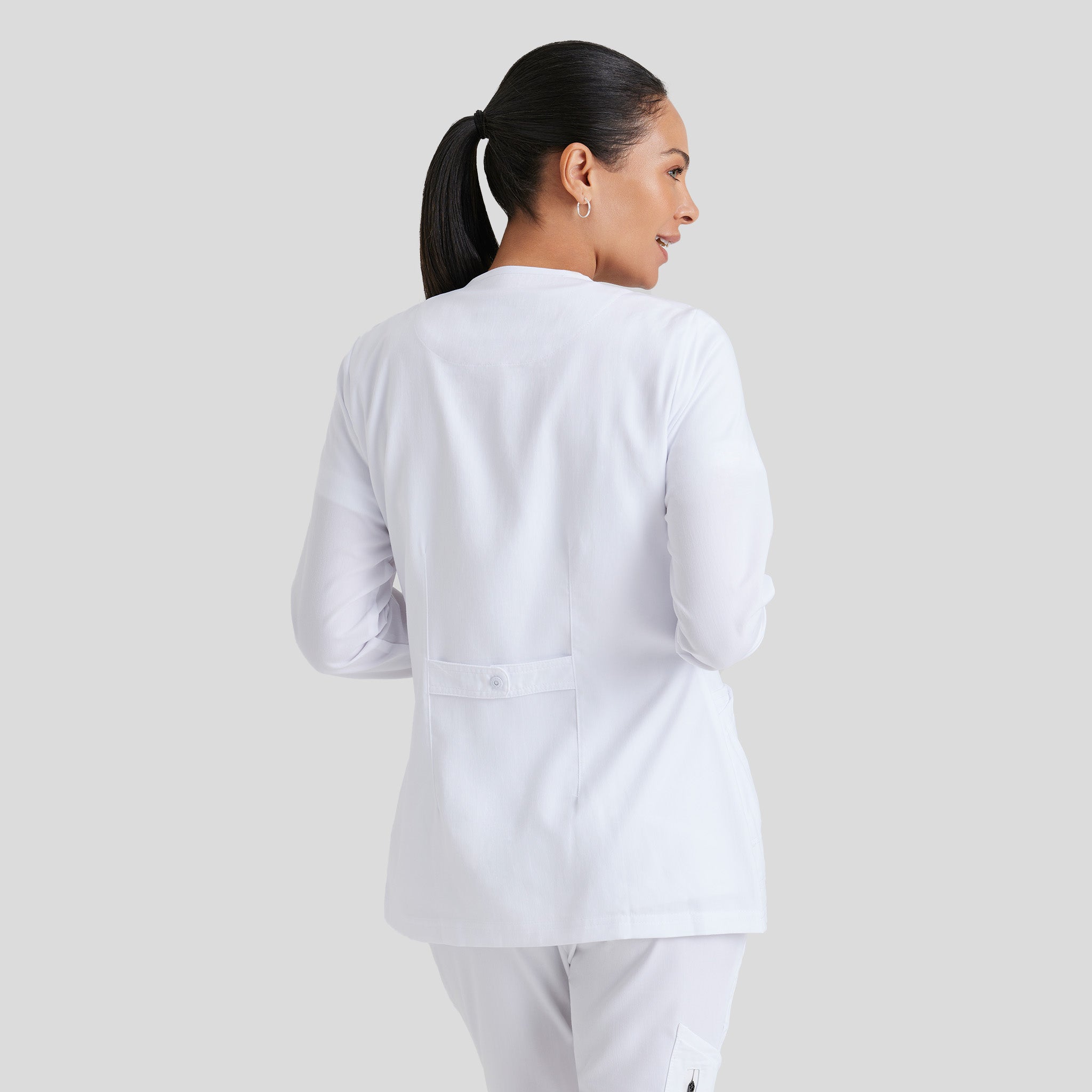 Jamie 4-Pocket Crewneck Snap-Front Scrub Jacket | White
